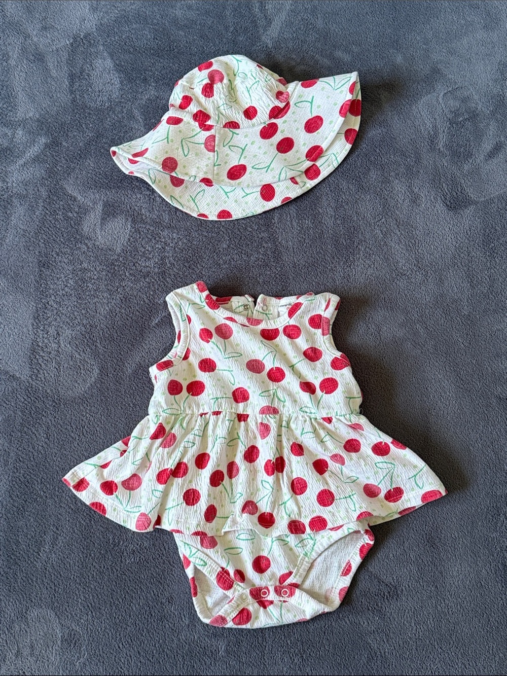 Baby Girl Cherry Print Sun Hat and Dress Set - White & Red